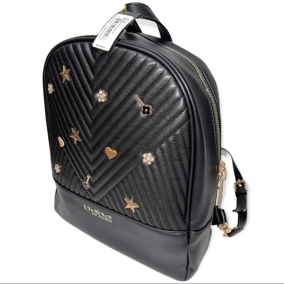 BEBE Hayden Backpack Black Gold Crystal Jeweled Embellishments Vegan Leather - Picture 12 of 14